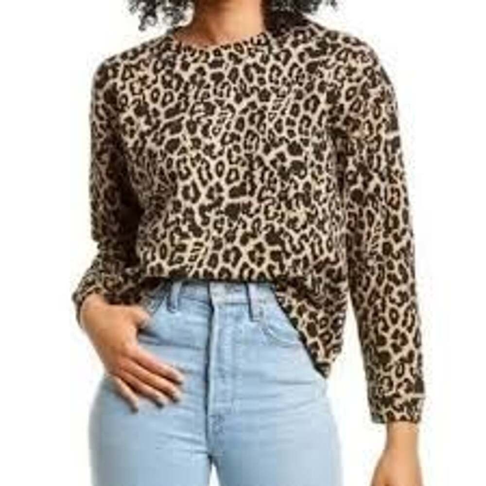 LNA Soft Brushed Leopard Print Long Sleeve Top Size S Beige Black